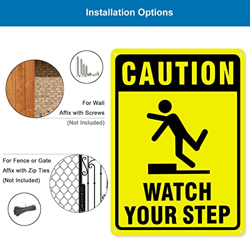 Caution Watch Your Step Sign, 2 Pack 10\"x7\"Safety Sign, 40 Rust Free Aluminum, UV Protected, Waterproof, Durable Ink, Easy to Mount, Indoor or Outdoor Use- By HISVISION