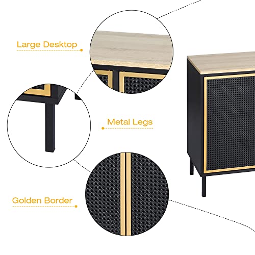 Accent Cabinet, Sideboard Buffet Cabinet Kitchen Storage Cabinet Console Televison Table With 4 Iron Rattan No Handle Pop-Up Doors And Adjustable Shelves For Living Room, Dining Room (Black Gold) #TOP6
