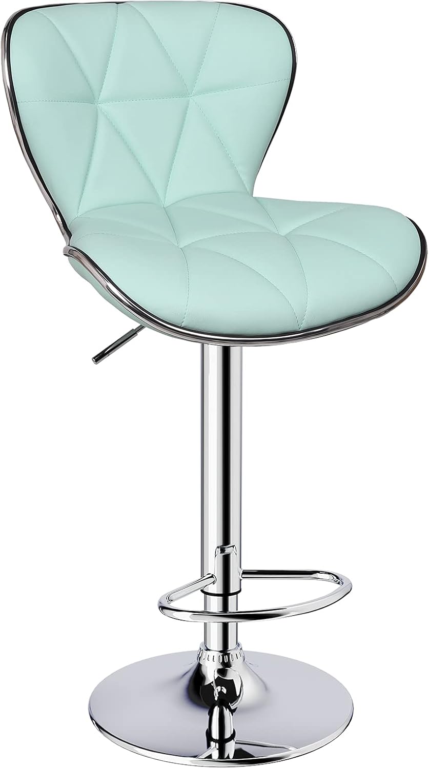 Leopard Shell Back Adjustable Swivel Bar Stools, PU Leather Padded with Back, Set of 2 (Mint Green)