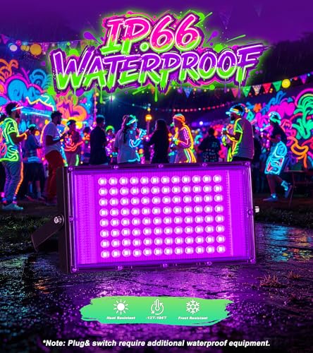 Image of TigQiang 100W 4 Pack LED Black Light, Blacklight Flood Light IP66 Waterproof Outdoor with Plug Switch Cord for Halloween, Neon Glow in The Dark Party, Body Paint, Fluorescent Poster, Classroom Party