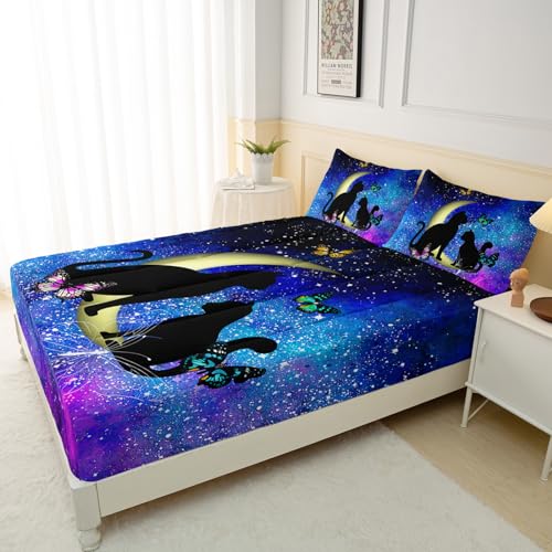 Axolotl Capa de colchão de gato, solteiro, céu estrelado, borboleta, lençol com elástico para menina