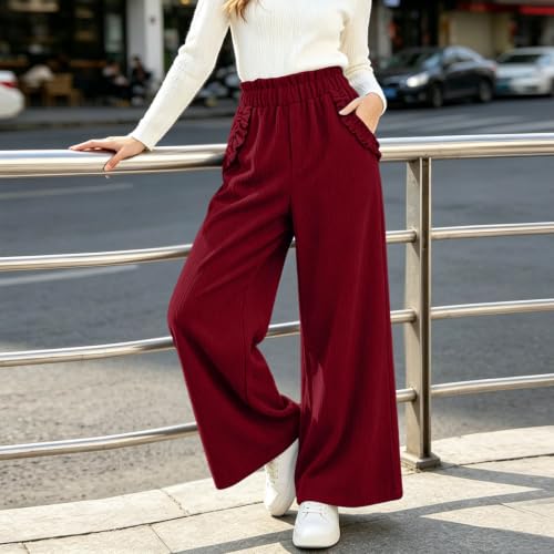 Women Ruffled High‑Waist Corduroy Straight‑Leg Pants Loose Casual Trousers - image 2