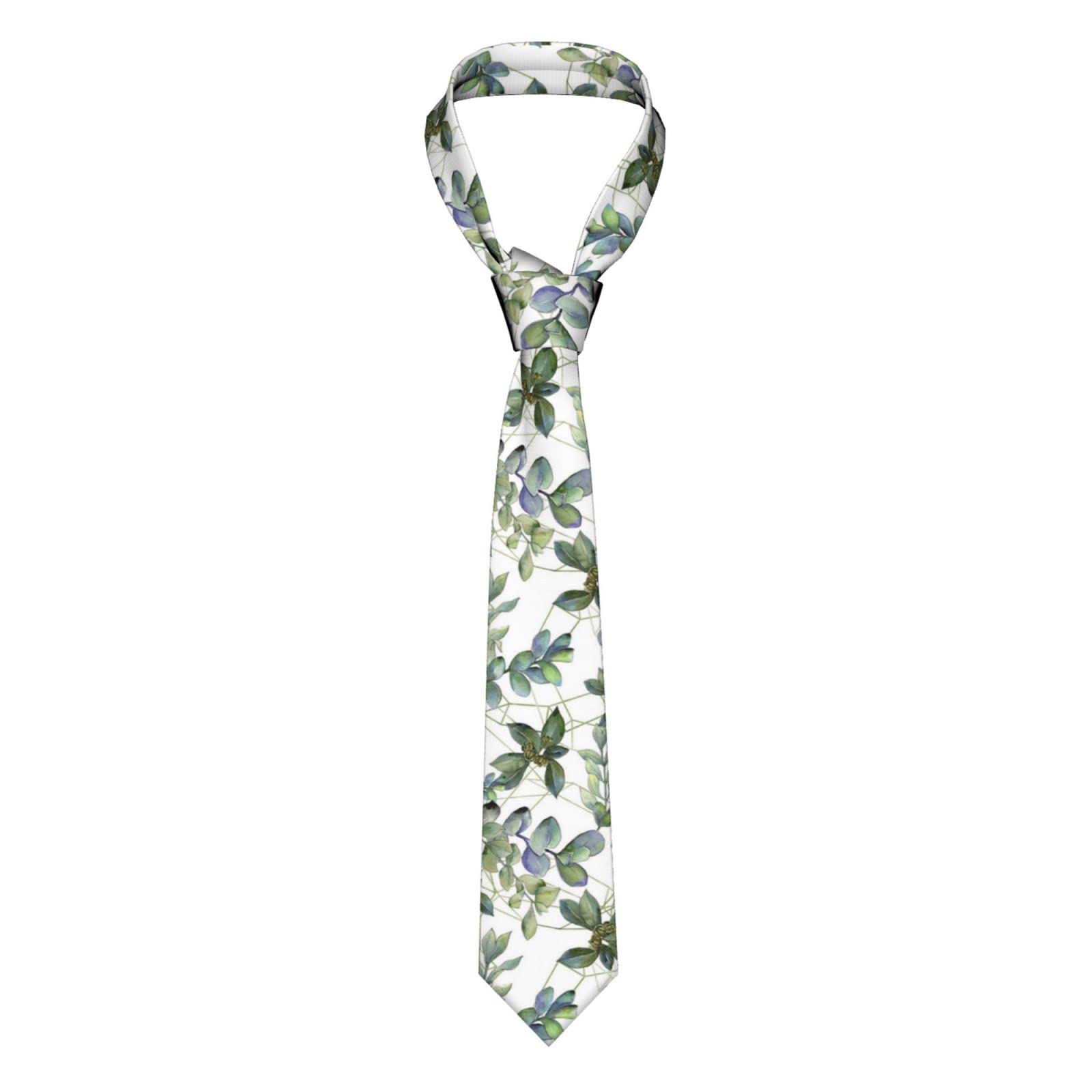 TEMKIN Green Eucalyptus Leaves Necktie for Men - Full Print, Silk Slim Suit Ties for Business Birthday Wedding Banquet Party