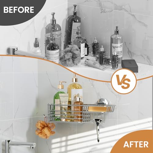Image of LEVERLOC Shower Caddy Suction Cup, Silver Shower Organizer With Hooks