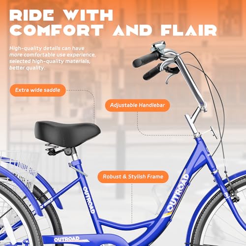 Image of Max4out Adult Tricycle with Large Basket 24 /26 Inch, Stable 3 Wheel Cruise Bicycle for Shopping, Beach and City Trike Perfect for Men, Women, Seniors(Blue /Purple /Red)