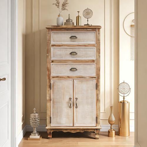 Image of Rustic Tall Storage Cabinet - Distressed Solid Wood Frame Accent Cabinet with 3 Drawers & 2 Doors, Farmhouse Freestanding Floor Cabinet for Entryway, Living Room, Hallway