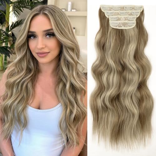 Image of Wavy Thick Clip in Hair Extensions 20 inch Dark Ash Blonde Balayage | Natural Volume & Seamless, 4 Pieces Clip in Extensions,Fiber Double Weft Hairpieces,Wave Long Synthetic Hairpiece for Women