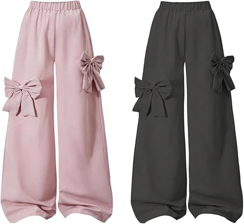 Verdusa Girl's 2 Pack Set Bow Baggy Pants Wide Leg Coquette Track Pants Multicol