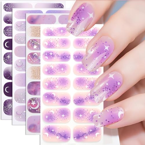 8 Sheets Starry Sky Nail Wraps Full Stickers Nail Polish Strips, DIY Self-Adhesive Nail Art Glitter Decals Stars Moon Pattern with 1 Piece Nail Files for Party Decor (128 Pieces)