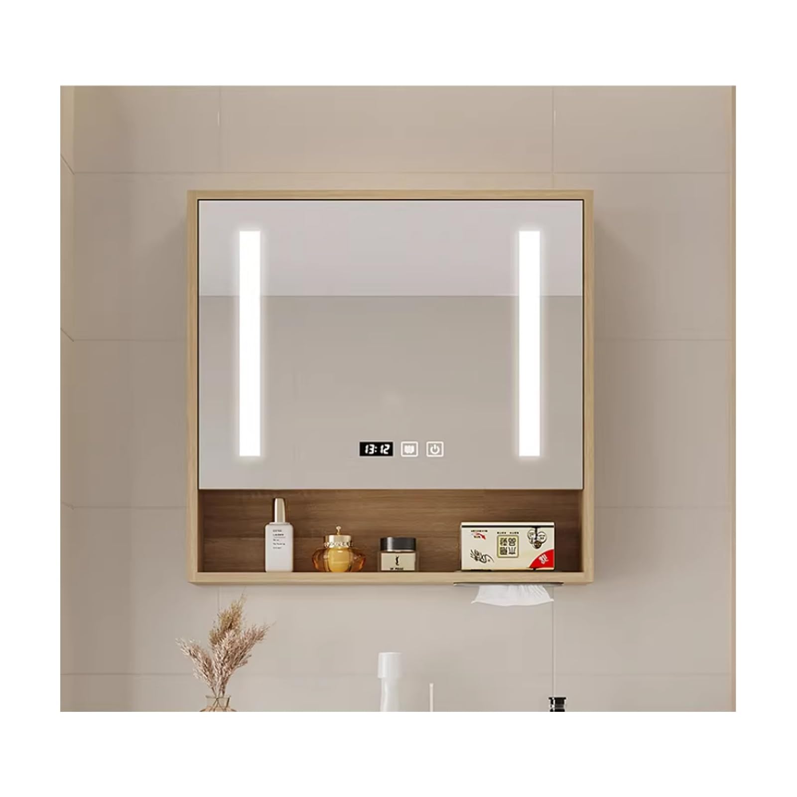 Mueble con Espejo de baño, Durable y silencioso/Orificio de Tejido humanizado/Accesorios de Hardware/Almacenamiento Dividido/Iluminación Suave(Wood,60cm/23.6in)