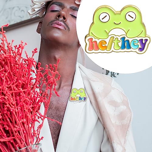 Image of LGBTQ Pronouns Cute Frog Pin - Gender Identity Bulk Pins for Pride Parade or Daily Wear - They /Them (Free 1pc Pride Sticker Included)