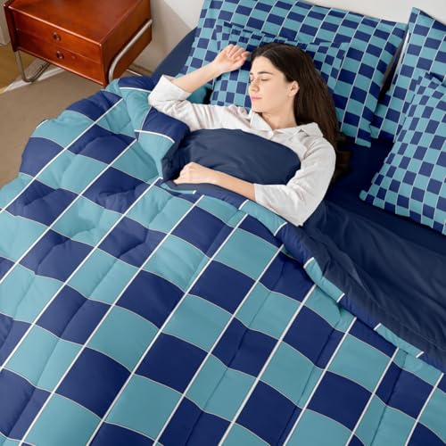Image of Erosebridal 7 Piece Blue Boys Comforter Sets Navy Blue Teen Boy Bedding Set King,Geometric Checkered Plaid Bed in A Bag with Sheets for Kids Men,Grids Gingham Bed Set with Cushion Covers
