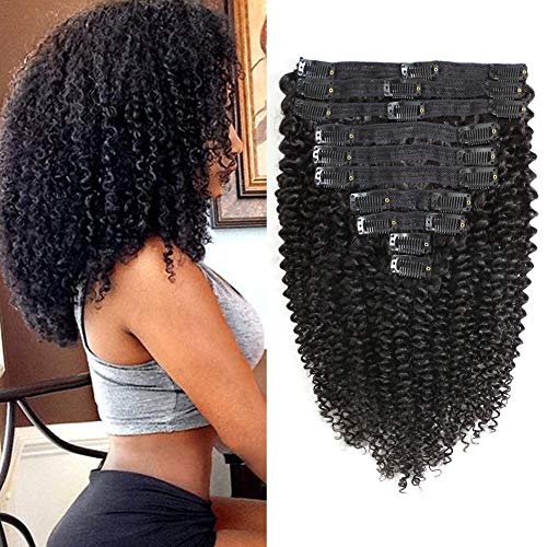 Rolisy Kinky Curly Clip in Hair Extensions Afro 3C 4A Kinky Curly Hair Clip Ins for Women Thick Soft 8A Brazilian Remy Hair, 22 Inch,Black Color,10/Pcs with 24 Clips,120 Gram