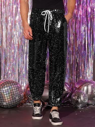 Lars Amadeus Sequins Drawstring Pants for Men's Elastic Waist Nightwear Club Shiny Jogger2