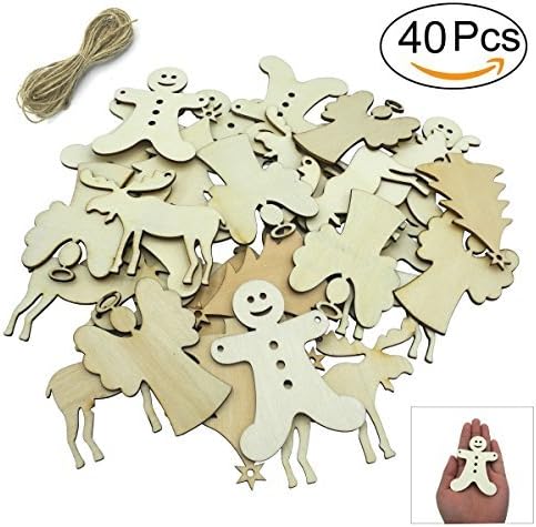 Christmas Ornaments Unfinished Wood Pieces Hanging Ornaments Decoration 80 mm Christmas Tree, Reindeer, Angel, Gingerbread man - 40 Count