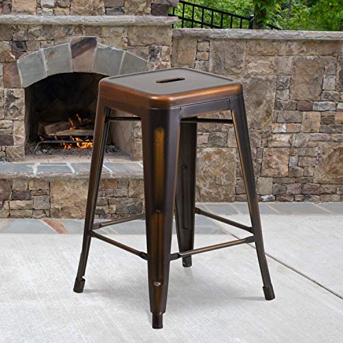 Emma + Oliver Commercial Grade 24" H Backless Distressed Copper Metal Indoor-Outdoor Stool #TOP8