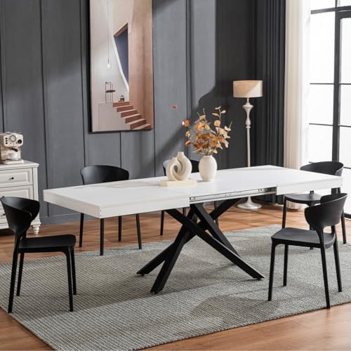 Shally Dogan Tavolo da Cucina e Sala da Pranzo Estensibile Richiudibile, Allungabile da 140-220 cm con 2 Pannelli da 40 cm, Apertura Semplice e Veloce, Design Moderno, Base Nera (Bianco)