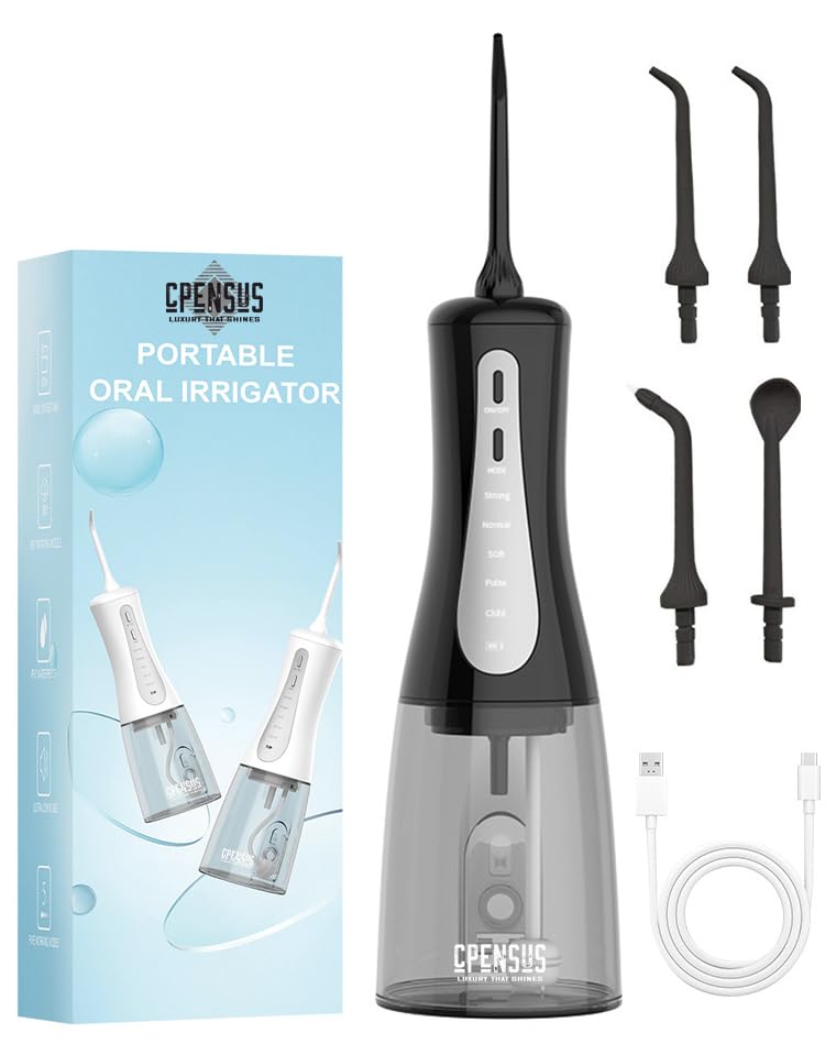 CPENSUS 360° water flosser for teeth 350 ml water tank wih 5 pressure modes & 4 Jet tips nozzles IPX7 water proof 1500mAH battery portable dental floss for teeth cleaner travel oral irrigator (Black)