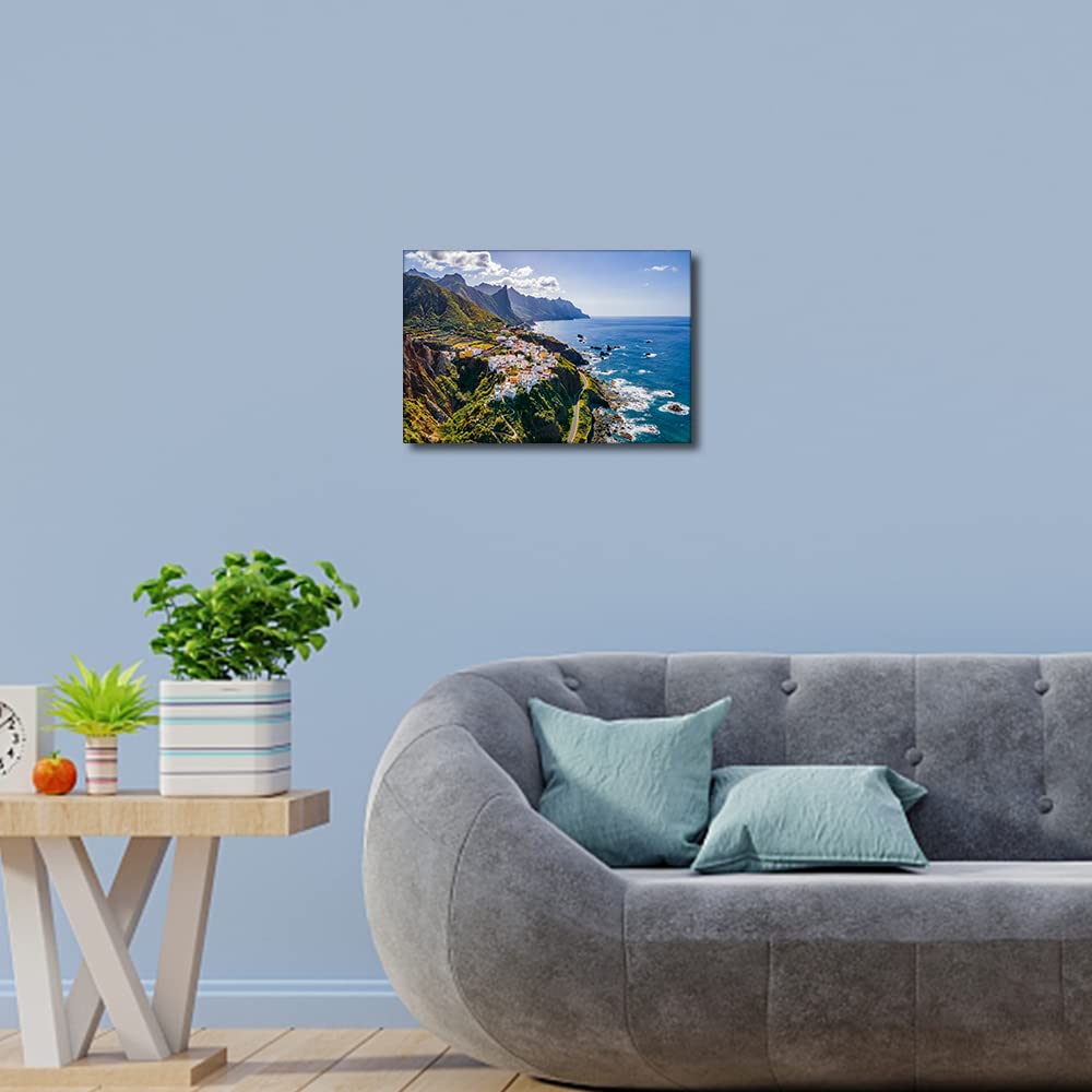 Canvas Wall Art Coastal Village at Tenerife Canary Islands Spain Landscape for Living Room Bedroom Home Decor Beach Artwork for Home Walls Framed Ready to Hang 8x12inch - Image 3
