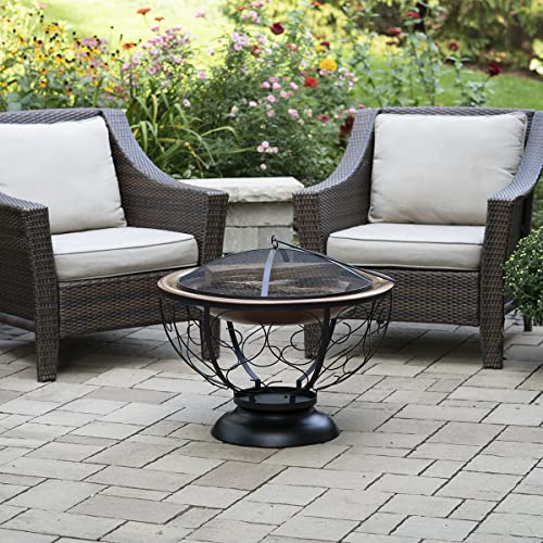 Blue Sky Outdoor Living 29” Round Fire Pit With Porcelain Enamel Fire Bowl, Spark Screen, And Lift, Decorative Outdoor Fire Pit, Bronze #TOP4
