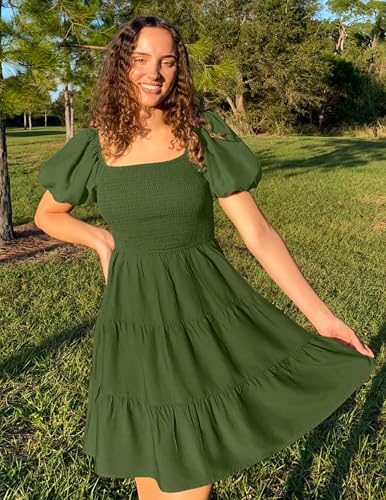 Image of ZESICA Women's Boho 2026 Summer Square Neck Puff Sleeve Off Shoulder Smocked Tiered Casual A Line Short Mini Dress