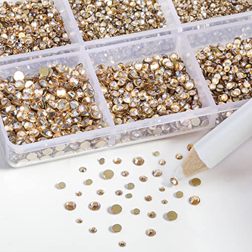 Beadsland 7200 Pcs Flatback Rhinestones for Nails,Gold Round Small Crystal Rhinestones Gems for Crafts,Mixed 6 Sizes with Wax Pencil Kit,SS3-SS10,Golden Shadow - Image 3
