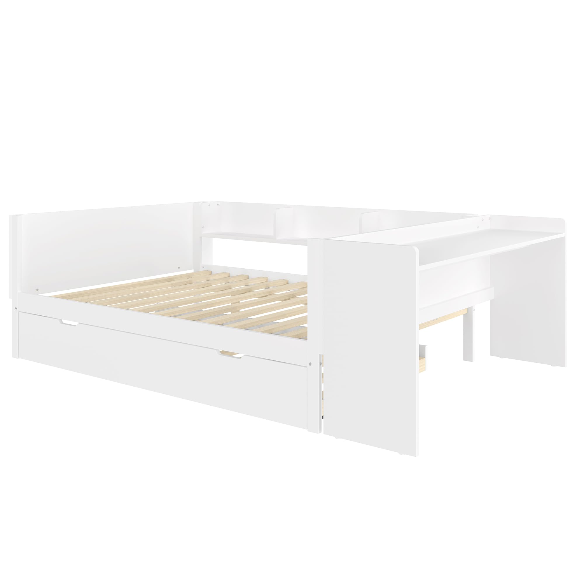 Cama de madera, con escritorio, con cama oculta, cama nido, cama doble (sin colchón), con estantes (Blanco, 140cmx200cm)