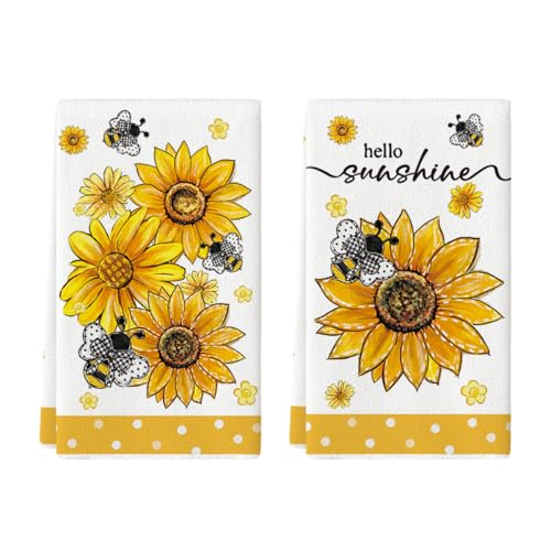 Artoid Mode Sunflower Bee Hello Sunshine Summer Kitchen Towels Dish Towels 18x26 Inch Farmhouse Spring Decoration Cleaning Set of 2