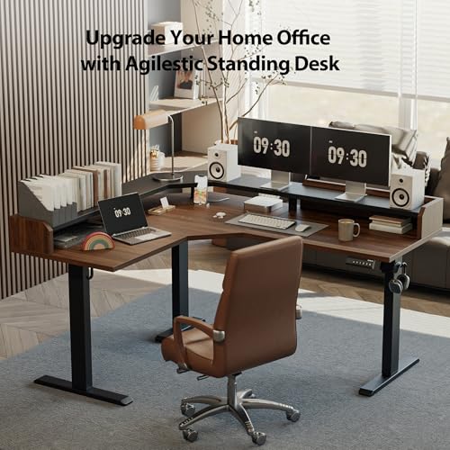 Image of Agilestic L Shaped Standing Desk, Adjustable Height Corner Gaming Desk with Shelf, Sit Stand Up Desk, 63 x 55 Inch Home Office Computer Table, Dark Walnut