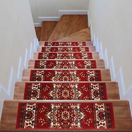 Antep Rugs Non Slip Stair Treads Carpet Oriental Traditional Peel And Stick Alfombras, Set Of 13, Red, 8"X30" #TOP25