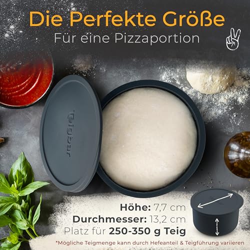 Teigbar Pizzaballenbox mit Deckel, 6er Set - platzsparende Teigbox aus löse-leichtem Silikon - bis zu 350g Pizzateig Box - Gärbox, Pizza Zubehör, Pizza Box - Schwarz/Grau - Ø13cm