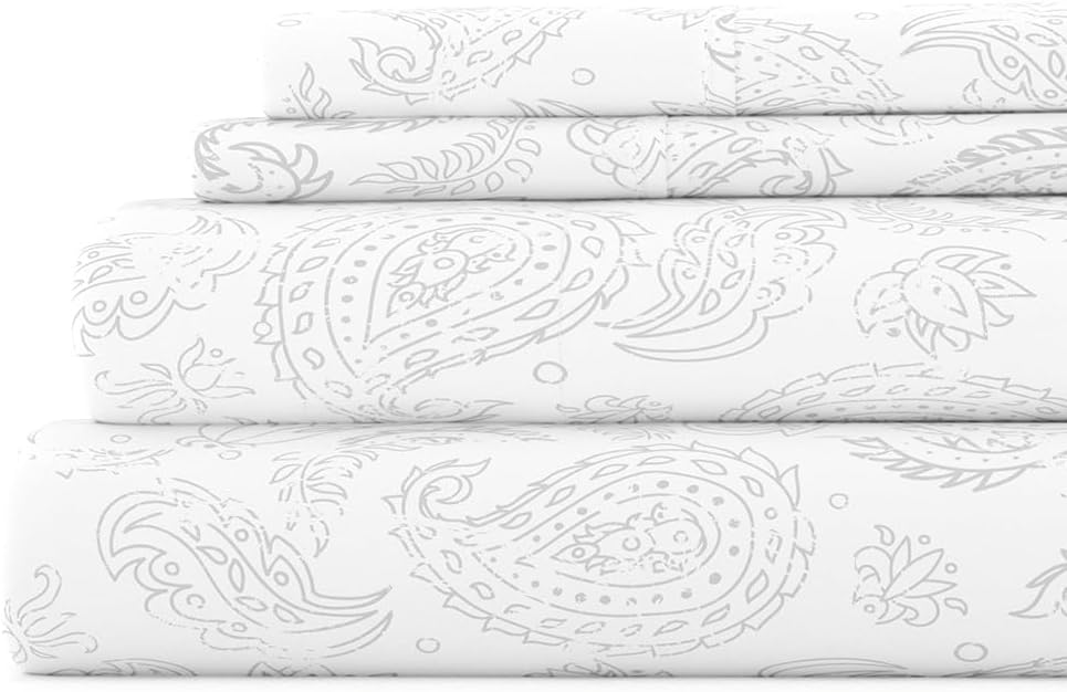 LINENS & HUTCH Sheet Set Patterned Microfiber Ultra Soft Bedding in Coarse Paisley - Full Coarse Paisley Light Gray