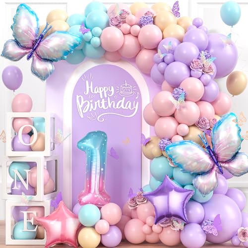 G.C Decoracion Cumpleaños 1 Año Niña Mariposas Guirnalda Globos Pastel con Caja de Globos, Mariposas Decoración, Cumpleaños Decoración Fiesta Baby Shower Niña