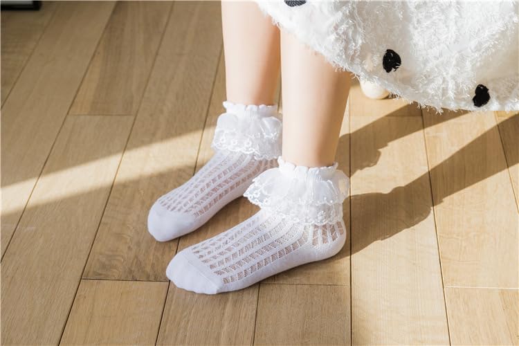 5 Packs Toddler Girls Ruffle Lace Trim Cotton Socks Eyelet Frilly Princess Dress Socks for Little/Big Girls3