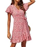 Naggoo Womens Wrap Dress Summer Ditsy Floral Dress Flutter Sleeve Short Dresses Red Floral Small