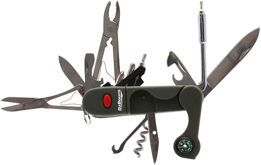 16 Function Folding Pocket Knife with Army Green Rubber Grip, Includes Sturdy Nylon Pouch with Press Snap Clasp