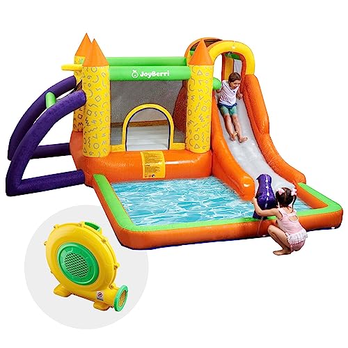 JoyBerri Bounce House Waterslide - Inflatable Water Bounce House with Water Slide, Trampoline, Splash Pool, Climbing Wall - Heavy Duty Bouncy House for Kids Outdoor - Includes Air Blower & Carry Bag