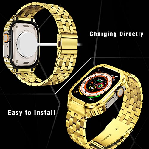 SUPLINK Stainless Steel Case with Band Compatible with Apple Watch Strap Ultra 2/1 49mm Metal Rugged Protector Cover for iWatch Men (Gold) - Image 2