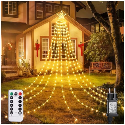 Luces Navidad Exterior, Luces Arbol Navidad, Cascada de 344 LED, 3,6 m x 9 Cuerdas, 30cm Estrellas Grandes, Control Remoto, 8 Modos, Impermeable, Para Árboles, Balcones, Paredes Exteriores, Cortina