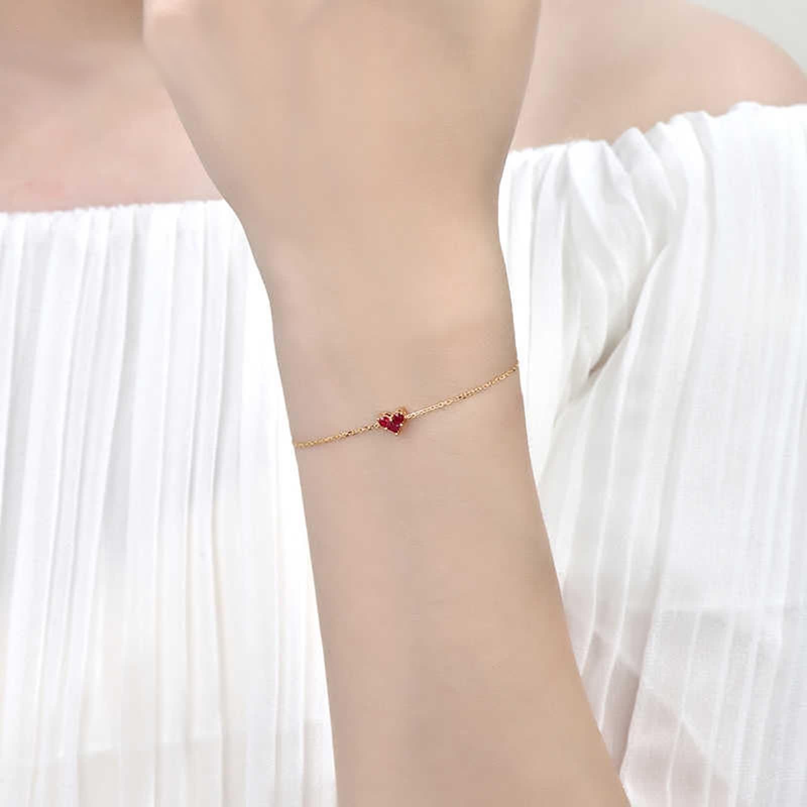 Pulseras para mujer, diseño de corazón, pulsera de promesa de rubí rojo de 0,21 quilates, joyería de oro amarillo con diamantes