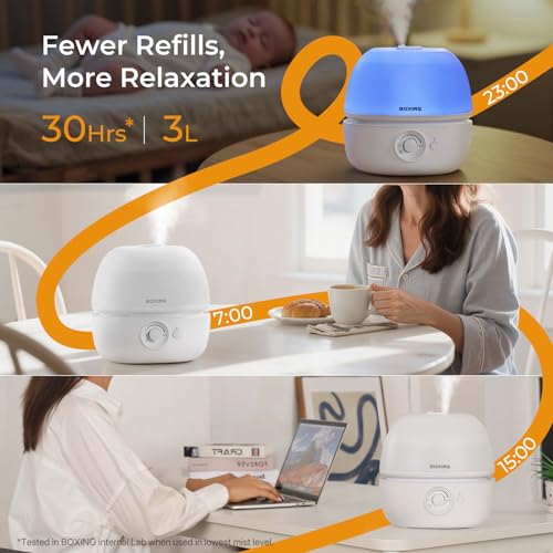BOXING 3L Top Fill Humidifiers for Bedroom Baby, 20dB Quiet Air Humidifier for Large Room & Indoor Plants with Optional Night Light, Cool Mist Diffuser for Home, Essential Oil Tray, BPA-Free,White,30H - Image 3
