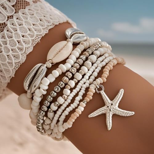 Bohemian Starfish Bracelets for Women - Adjustable Stackable Beach Bracelets, Handmade Stretchy Beaded Summer Jewelry, Perfect for Surf & Waterproof Fun2