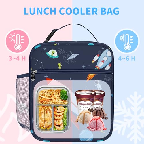 Clastyle Space Insulated Lunch Bag Star Large Thermal Cooler Bag for Kids Picnic Lunch Box Tote Rocket, 9.1x10.2x4.3 inches - Image 2
