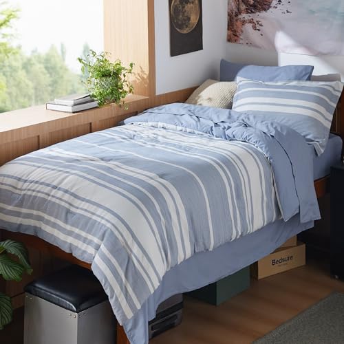Image of Bedsure Twin XL Comforter Set 5 Pieces, Blue Striped Bedding Set for All Seasons, Reversible, Cationic Dyeing Bed in a Bag with Comforter, Sheets, Pillowcase & Sham