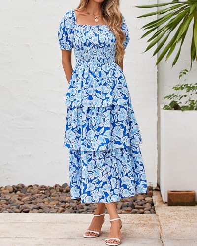 Image of BTFBM Womens Floral Smocked Summer Maxi Dresses | Square Neck Puff Short Sleeve Ruffle Tiered, 2026 Trendy Casual Sundress, Cruise Holiday Beach Vacation Wedding Guest Dress