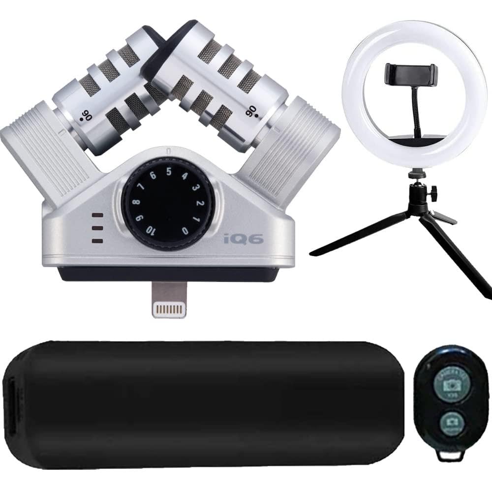 Zoom iQ6 mikrofon stereo X/Y do iPhone'a/iPada do nagrywania dźwięku + 8-calowa lampa pierścieniowa LED