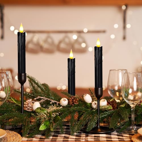 Image of 24 Pcs 6.5 Inch Black Flameless Taper Candles LED Candle Sticks Battery Operated Flickering LED Candlestick Window Plastic Candle for Wedding Halloween Christmas Decor(No Battery)