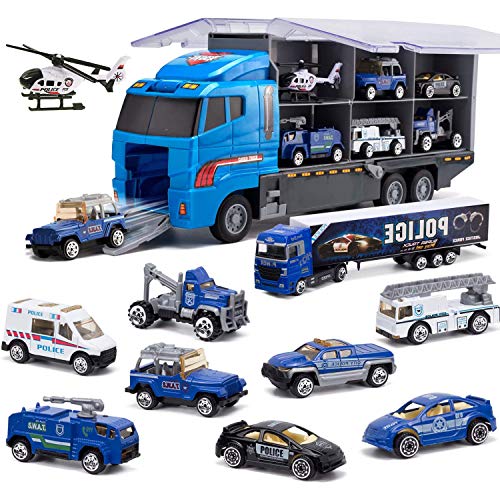 Joyfia 10 en 1 Jouet Police Moulés sous Pression pour Garçons, Véhicules Transport Cargaison, Voitures Police dans Camion Porteur, Cadeaux pour Enfants 3 Ans