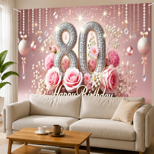 Image of Nuxovilar 80th Birthday Banner - Elegant Pink & Gold Floral Backdrop