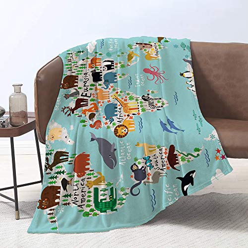 Lmorey Animal map of The World for Children Throw Blanket Bed Couch Sofa